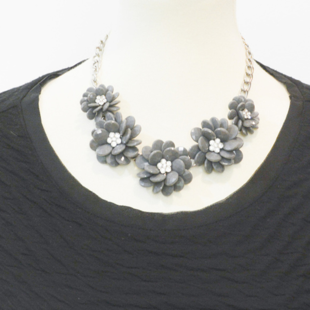 Gray Flower Statement Bib Necklace